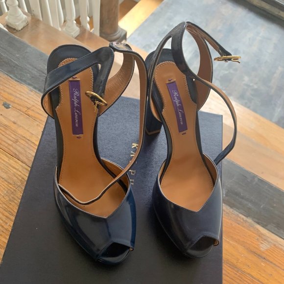 Ralph Lauren Leather Navy Peep Toe Heels - Picture 3 of 5